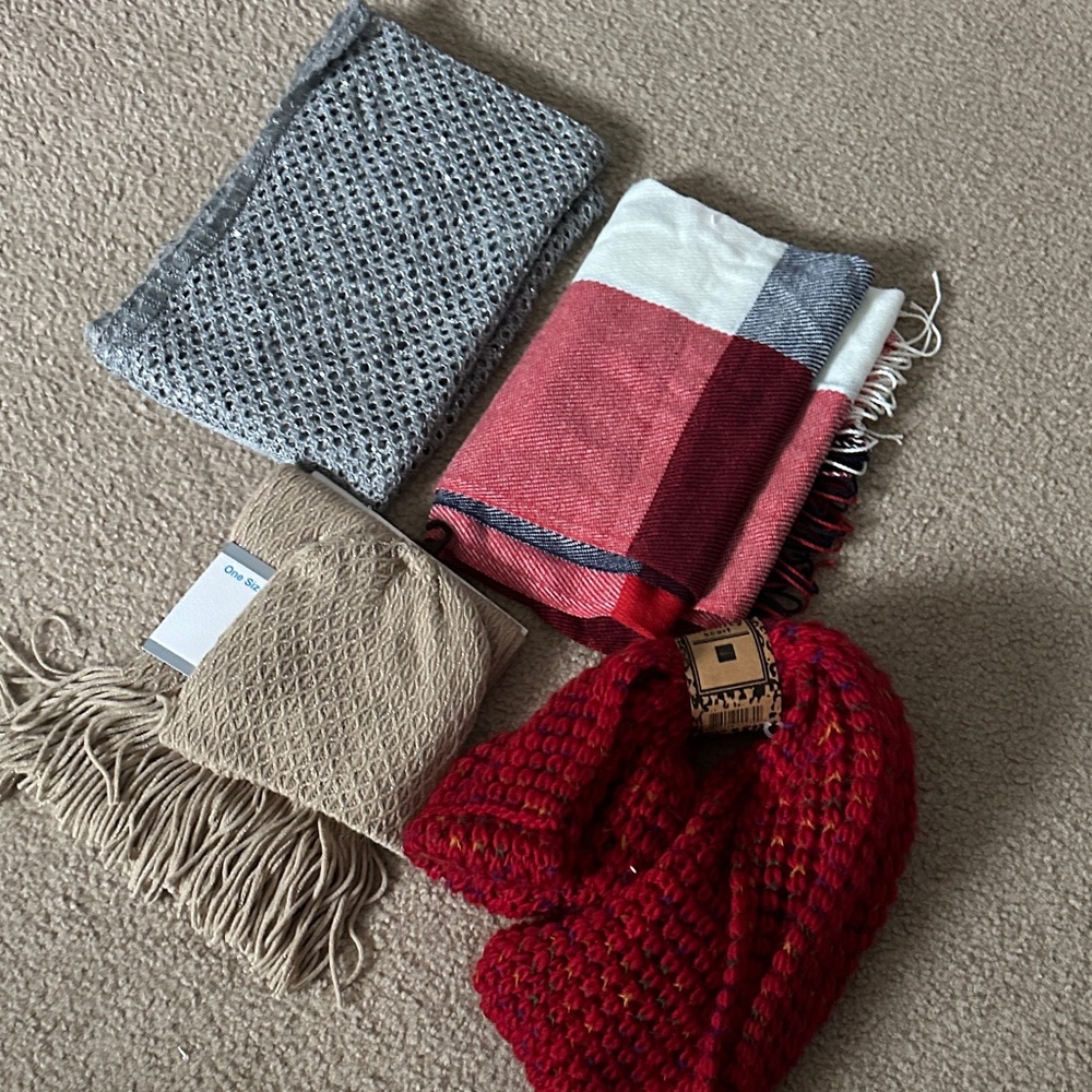 Bundle of Cozy Knit Scarf Set in Red, Gray, and Tan